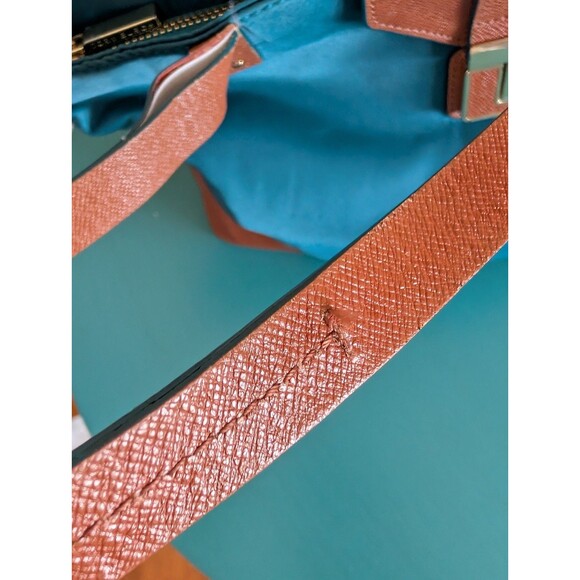 Tory Burch Penn Nylon Faux Leather 14" Tote Shoulder Bag Teal Brown GUC - Picture 10 of 16